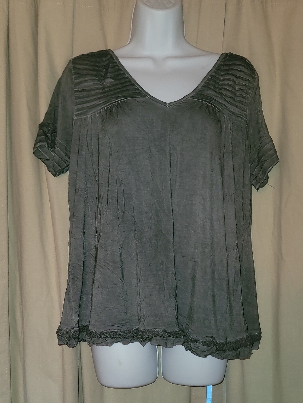 POL Short Sleeve V-Neck Pintuck Top with Lace Trim